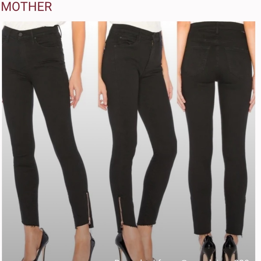 MOTHER High Rise Black Slim Ankle Jeans with Back Zip Hem